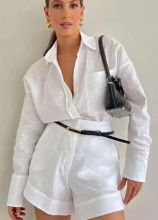 Костюм женский льняной оверсайз рубашка на пуговицах с карманом шорты на высокой посадке качественный стильный летний белый бежевый