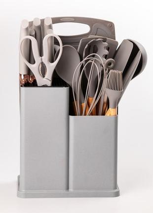 Набір кухонного приладдя на підставці 19шт кухонні ножі сірий