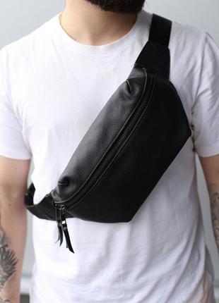 Мужская сумка на пояс из натуральной кожи, черная, кожаная поясная сумка, бананка.
