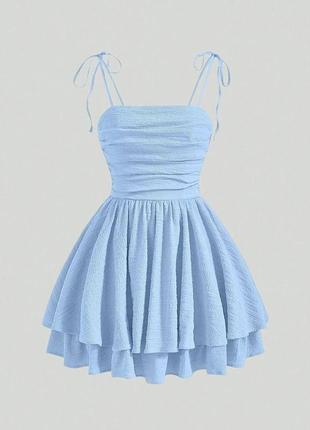 Платье комбинезон мини на тонких бретелях с рюшками платья черная белая голубая по низу шортиками летняя трендовая стильная
