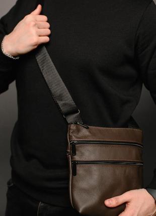 Чоловіча шкіряна коричнева сумка мессенджер, сумка через плече  із натуральної шкіри