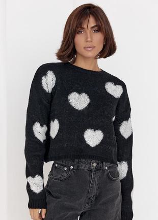 Жіночий в'язаний светр oversize із сердечками колір чорний розмір s fl_000679