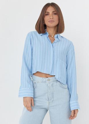 Укорочена сорочка в смужку з акцентною кишенею колір блакитний розмір l fl_001096