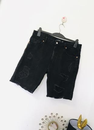 Чёрные мужские джинсовые шорты с рваными деталями pull&bear 34