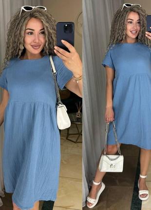 Женское короткое платье, свободного кроя, голубое4 фото