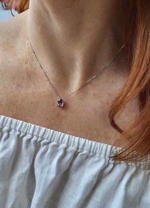 Жіночий срібний ланцюжок кольє з підвіскою овал з аметистом 45 - 50 см срібло 925 проби родоване 1457