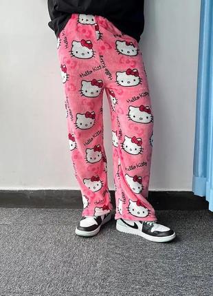 Пижамные плюшевые штаны hello kitty, розовые, размер xl — уют и стиль для сна и отдыха