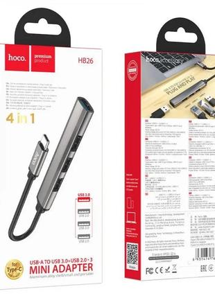 Адаптер переходник usb-хаб hoco hb26 4 in 1 (type-c to 1хusb3.0 + 3хusb2.0) metal gray