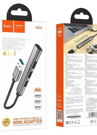 Адаптер переходник usb-хаб hoco hb26 4 in 1 (type-c to 1хusb3.0 + 3хusb2.0) metal gray