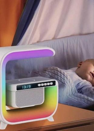 Нічник акумуляторний rgb g3 з бездротовою зарядкою 15w і bluetooth колонкою 3w настільна смарт лампа