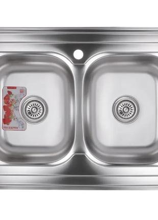 Раковина на кухню з неіржавкої сталі прямокутна накладна zerix 600 мм x 800 мм мікротектура 0.8 мм на дві