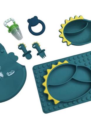 Детский силиконовый набор посуды для кормления дракоша (зеленый) 7 предметов