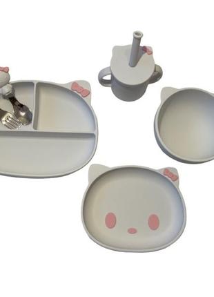 Детский силиконовый набор посуды для кормления hello kitty (розовый бант) 6 предметов