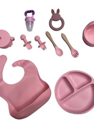 Детский силиконовый набор посуды для кормления розовый 12 предметов