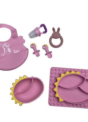 Детский силиконовый набор посуды для кормления дракоша (розовый) 7 предметов