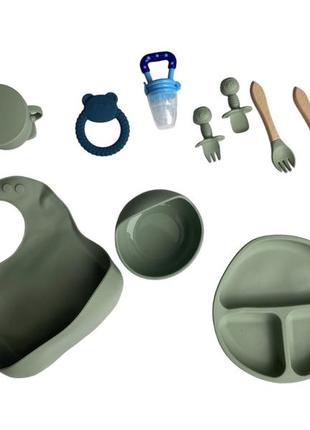 Детский силиконовый набор посуды для кормления оливковый 12 предметов