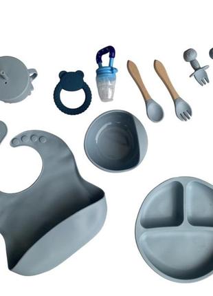 Детский силиконовый набор посуды для кормления синий 12 предметов