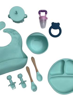 Детский силиконовый набор посуды для кормления ментоловый 12 предметов
