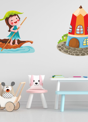 Вінілова інтер'єрна наклейка кольорова декор на стіну, шпалери в дитячу "фея в човні. будиночок феї.