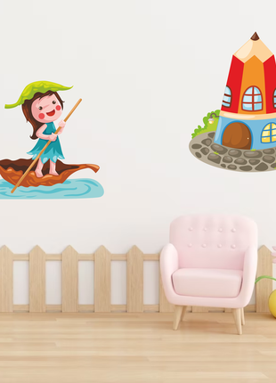 Вінілова інтер'єрна наклейка кольорова декор на стіну, шпалери в дитячу "фея в човні. будиночок феї.