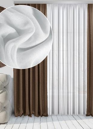 Комплект тюль та штори di&di натюрель лен-блекаут 250х250 2 шт світло-коричневі тюль лен лайт 600х250 білий (roz6400063552)