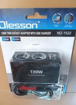 Розгалужувач прикурювача для авто на 2 гнізда olesson 1522 з підсвіткою + usb 12v-24v