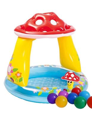 Дитячий надувний басейн intex 57114-1 «грибочок», 102 х 89 см, з навісом, кульками 10 шт
