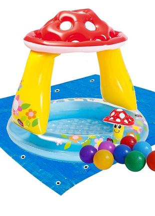 Дитячий надувний басейн intex 57114-2 «грибочок», 102 х 89 см, з навісом, кульками 10 шт, підстилкою, насосом