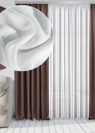 Комплект тюль та штори di&di натюрель лен-блекаут 250х245 2 шт коричневі тюль лен лайт 600х245 білий (roz6400063575)