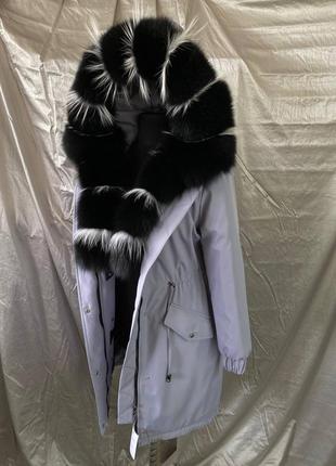 Жіноча зимова парка куртка пуховик з натуральним фінським хутром песця, хутровий борт до грудей, 42-60 розміри, 75 та 95 см довжина