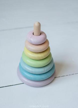Деревянная детская пирамидка классическая экопродукт разноцветная логическая игрушка для малышей 8.5х21см2 фото