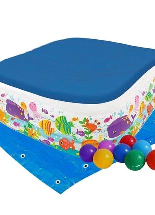 Дитячий надувний басейн intex 57471-3 «акваріум», 159 х 159 х 50 см, з кульками 10 шт, тентом, підстилкою,
