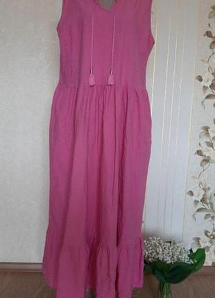 Итальянское платье, сарафан с воланом, коттон /лён, очень красивый насыщенный розовый