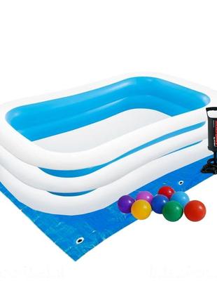 Дитячий басейн intex 56483-2 «сімейний», 262 х 175 х 56 см, з кульками 10 шт, підстилкою, насосом
