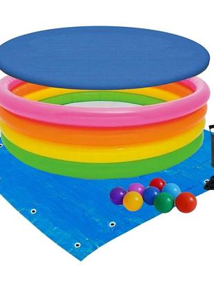 Дитячий надувний басейн intex 56441-3 «райдуга», 168 х 46 см, з кульками 10 шт, тентом, підстилкою та насосом