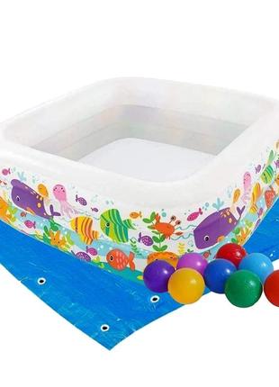 Дитячий надувний басейн intex 57471-2 «акваріум», 159 х 159 х 50 см, з кульками 10 шт, підстилкою, насосом