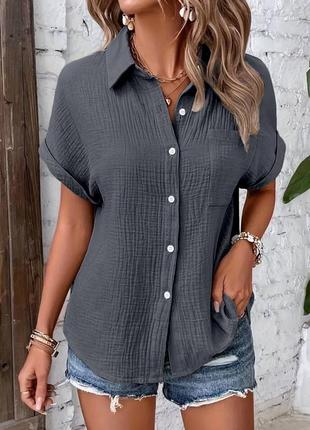 Рубашка женская повседневная нарядная летняя на лето легкая праздничная голубая серая белая черная черная розовая блузка батал хлопковая