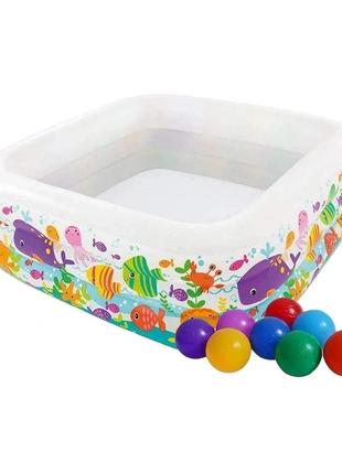 Дитячий надувний басейн intex 57471-1 «акваріум», 159 х 159 х 50 см, з кульками 10 шт