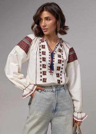 Жіноча вишиванка на зав'язках із рукавами регланами — молочний колір, s l, етнічний, зав'язки