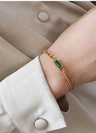 Тренд стильний золотистий жіночий браслет на руку ланцюжок зелений кристал