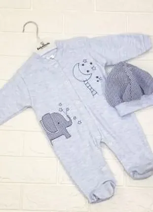 Человечек с закрытыми ножками и шапочка для мальчика. голубой  bebelinna турция 2353-406