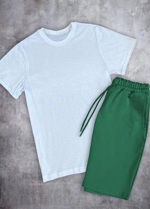 Комплект чоловічий футболка(білий) +шорти( зелені)