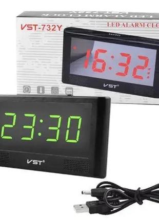 Часы сетевые с будильником датчиком температуры и датой vst-732y-4 черный/зеленые