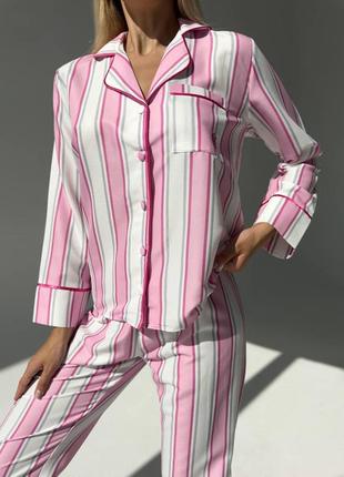 Жіноча піжама в смужку  штани+сорочка полікотон рожевий колір s/m  м/l