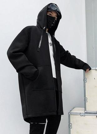 Мужская длинная кофта плащ с капюшоном черная с белыми надписями - накидка