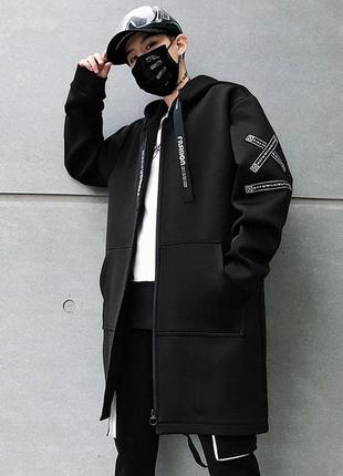 Мужская длинная кофта плащ с капюшоном черная с белыми надписями - накидка