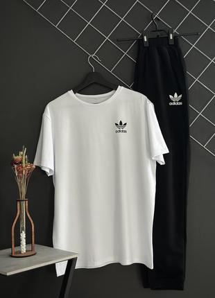 Мужской летний комплект adidas черные штаны белая футболка адидас