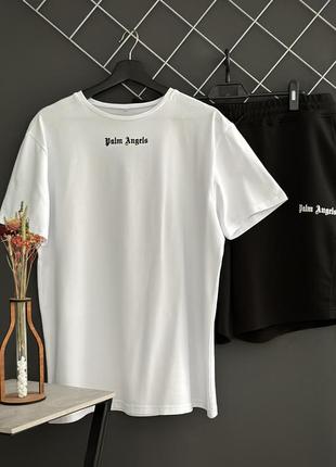 Мужской летний комплект palm angels шорты черные футболка белая спортивный комплект палм энджелс на лето