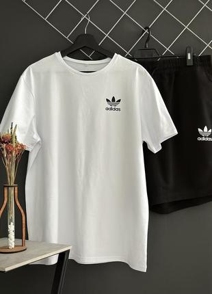 Чоловічий літній комплект adidas шорти чорні футболка білий спортивний комплект адідас на літо