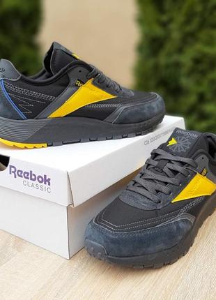 Reebok classic черные с желтым кроссовки мужские кеды классик отличное качество замшевые весенние летние низкие текстильные сетки8 фото